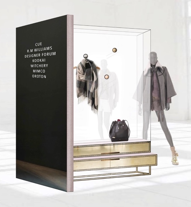 The Wardrobe retail display shows concept image. Installed at castle Towers Shopping Centre with draws, glass window, mannequin, visual merchandising, cloths hangers and hooks, gold base