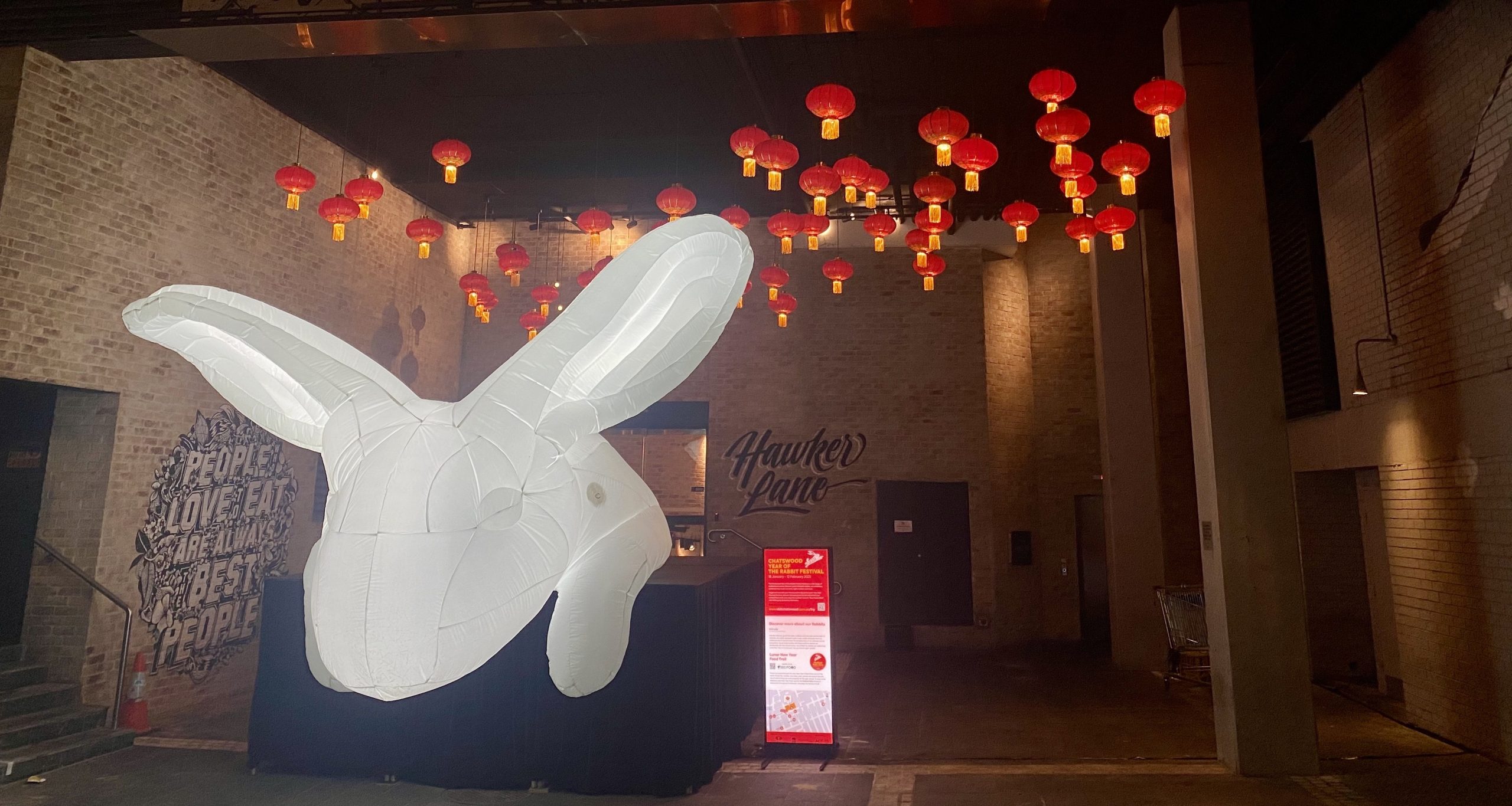 Westfield Chatswood Lunar New Year 2023. Giant Inflatable rabbit or bunny with hanging lanterns LNY. Custom made and manufactured inn Australia